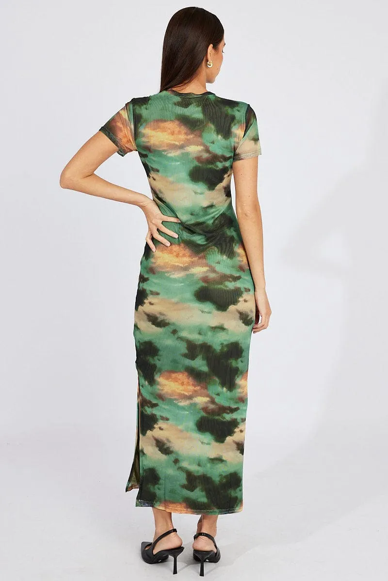 Green Abstract Maxi Dress Short Sleeve Bodycon Mesh The simple silhouette of this dress makes it easy to style for both day and night wear