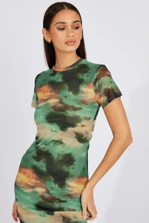 Green Abstract Maxi Dress Short Sleeve Bodycon Mesh Minimalist long piece Sailing Day