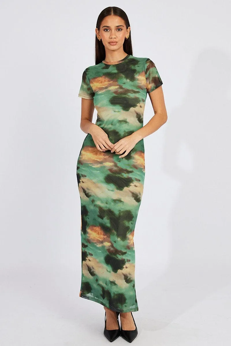 Green Abstract Maxi Dress Short Sleeve Bodycon Mesh Designed for versatility this maxi dress works for both formal and casual settings With a classic and versatile design this dress works seamlessly with any accessories you choose