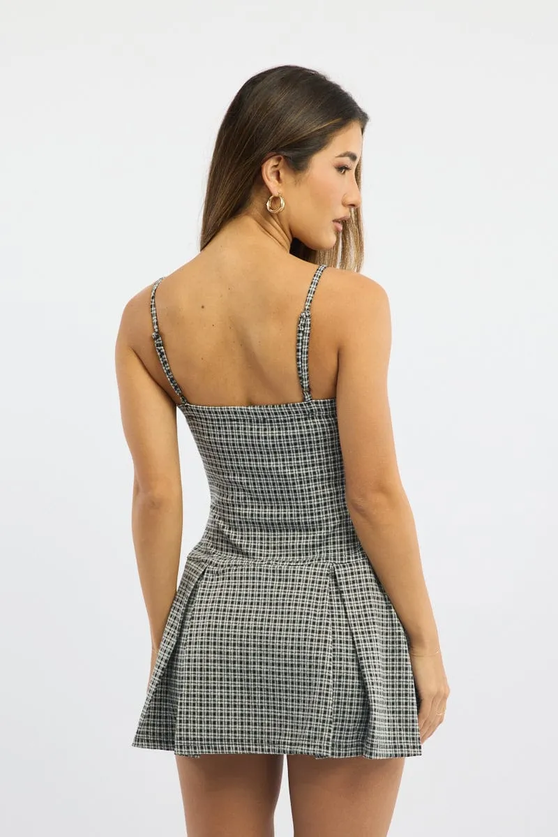 Black Check Mini Dress Pleated Comfortable fit mini Stylish Wear