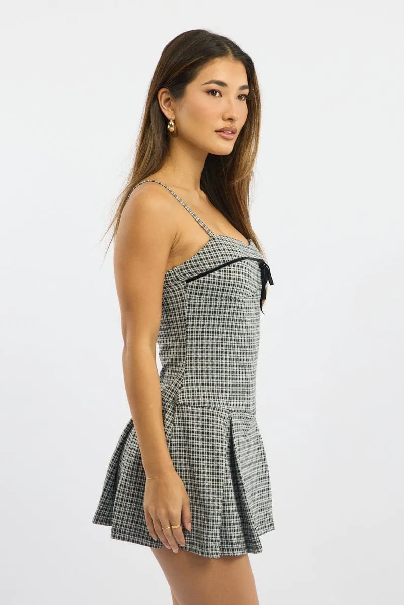 High Energy Black Check Mini Dress Pleated