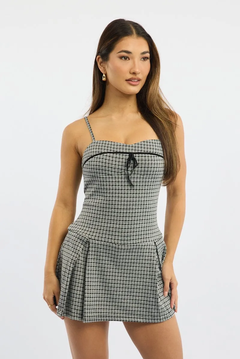 Black Check Mini Dress Pleated Street Chic