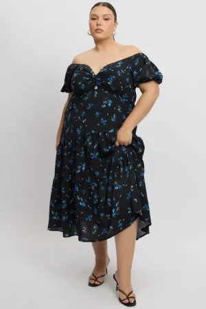 Black Ditsy Midi Dress Short Sleeve Cut Out bike lane Spring Tone