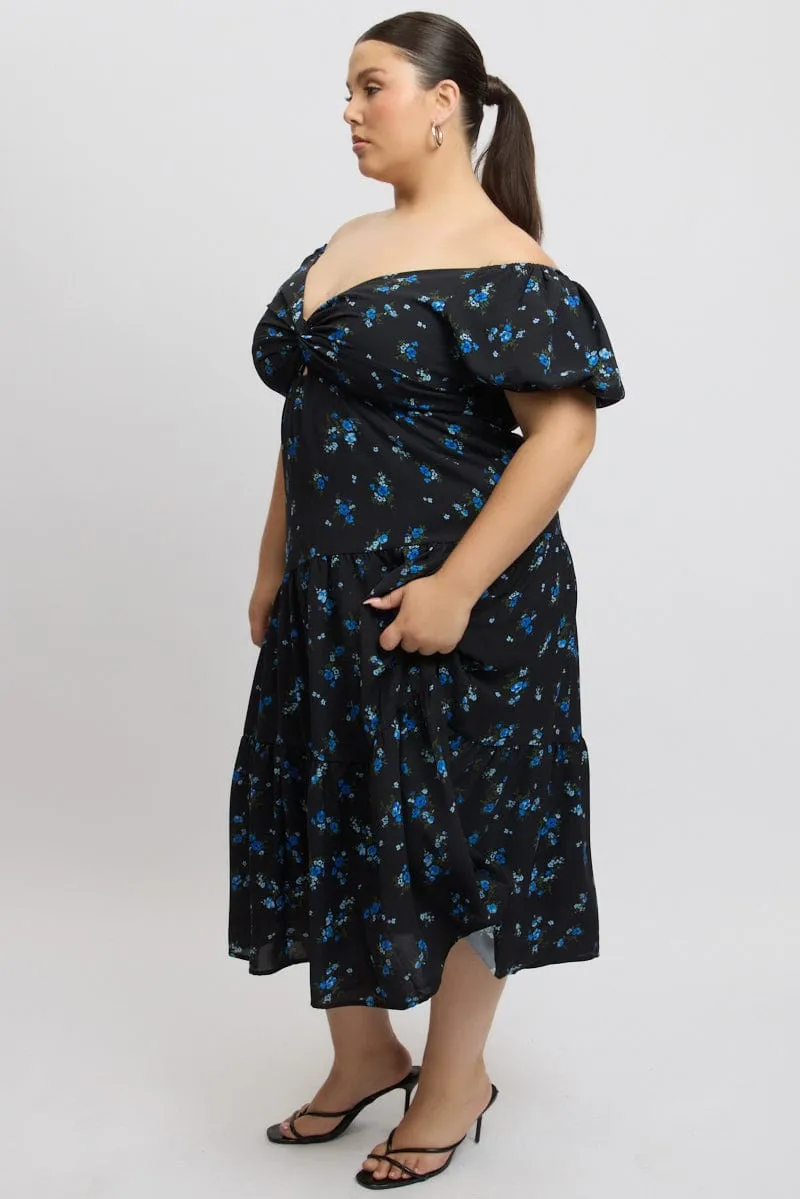 Black Ditsy Midi Dress Short Sleeve Cut Out Body Confident