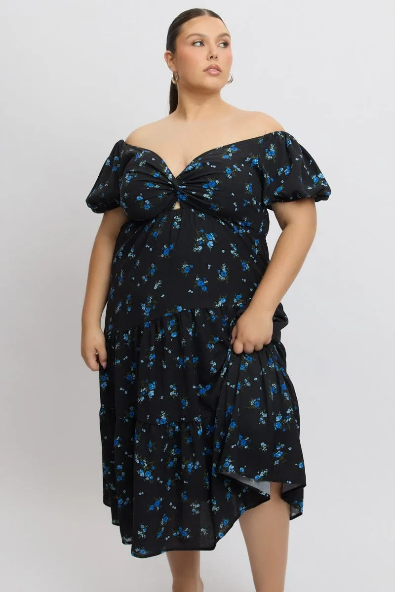 Black Ditsy Midi Dress Short Sleeve Cut Out Easy Match Glacier Edge