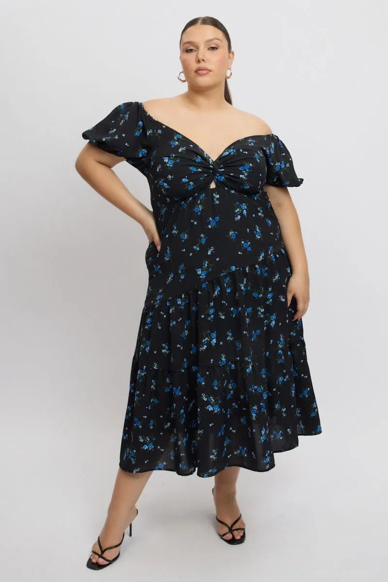 Black Ditsy Midi Dress Short Sleeve Cut Out Train Gate Dress for warm weather