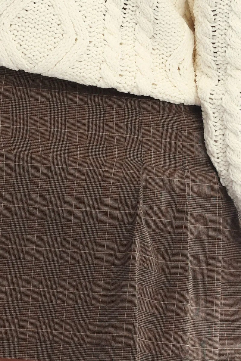 Brown Check Pleated Mini Skirt Easy Combo Hidden Zipper