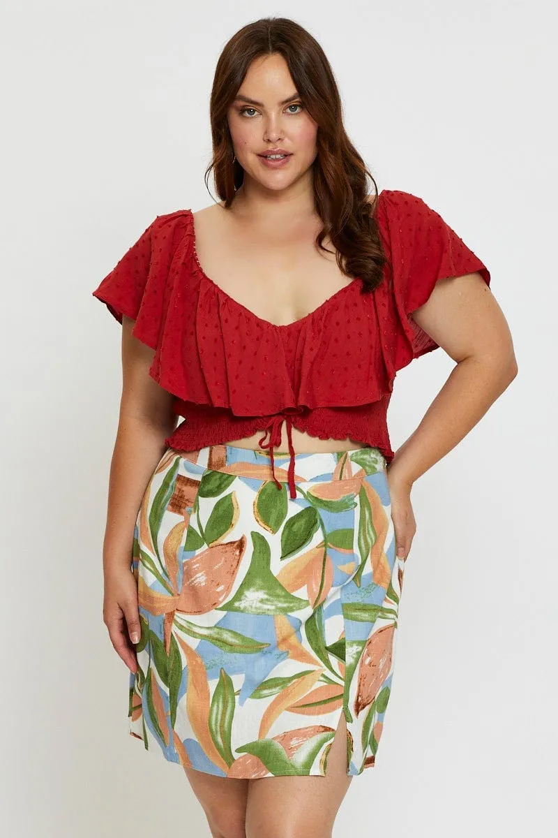 Floral Print Mini A Line Skirt Front Split Clean Lines