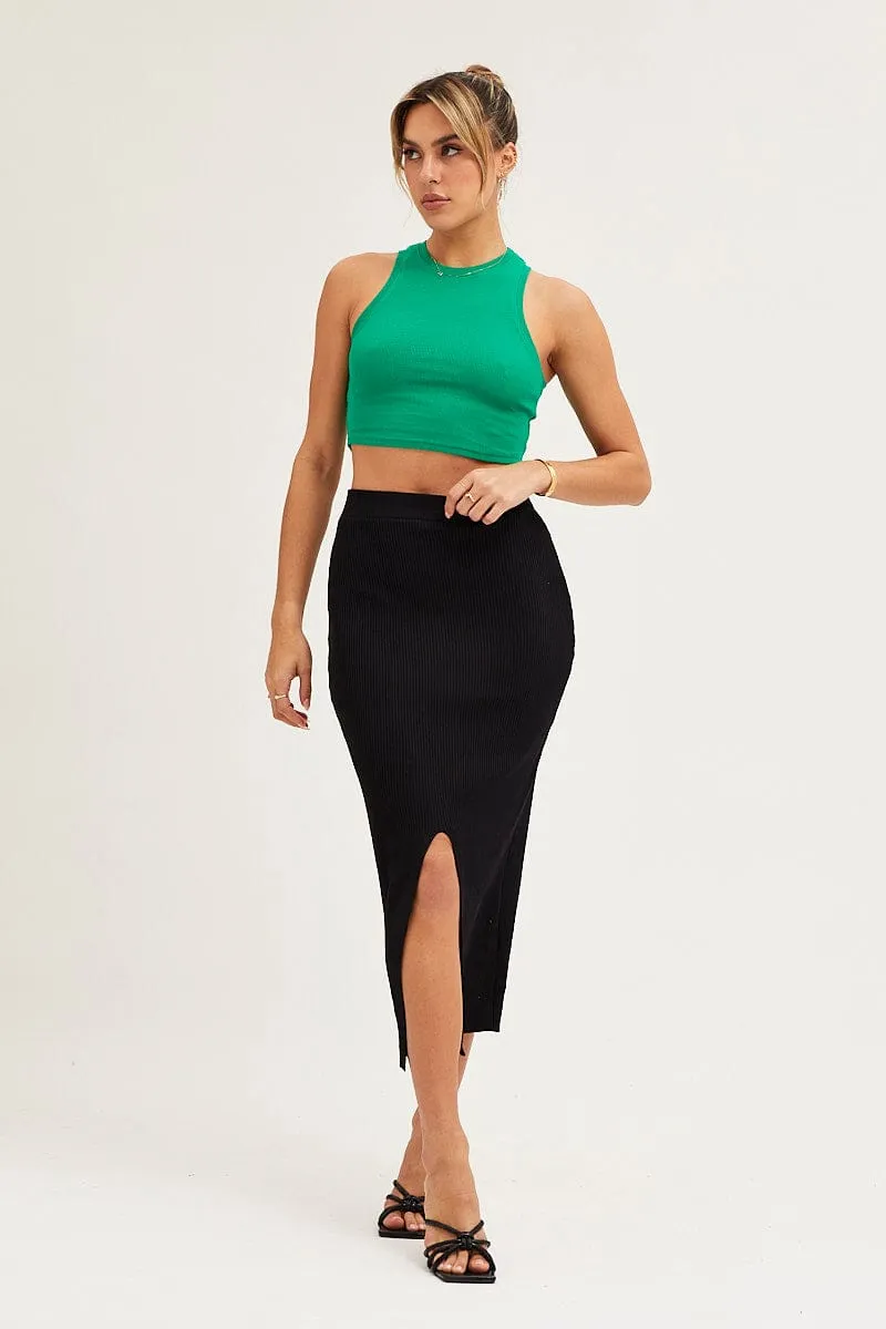 Drawstring closure Vegan Material Black Slit Knit Midi Skirt