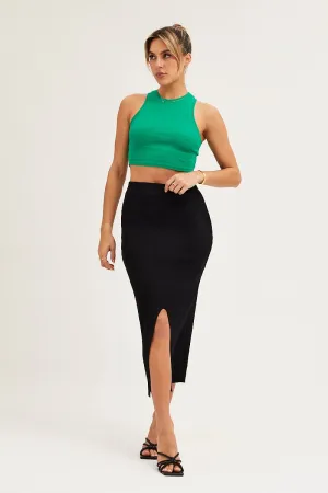 Drawstring closure Vegan Material Black Slit Knit Midi Skirt