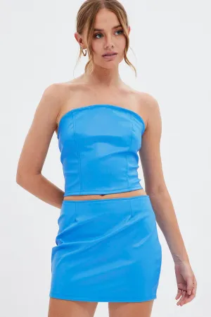 Stretch Waist Outfit Display Blue Faux Leather Mini Skirt Mid Rise Stretch