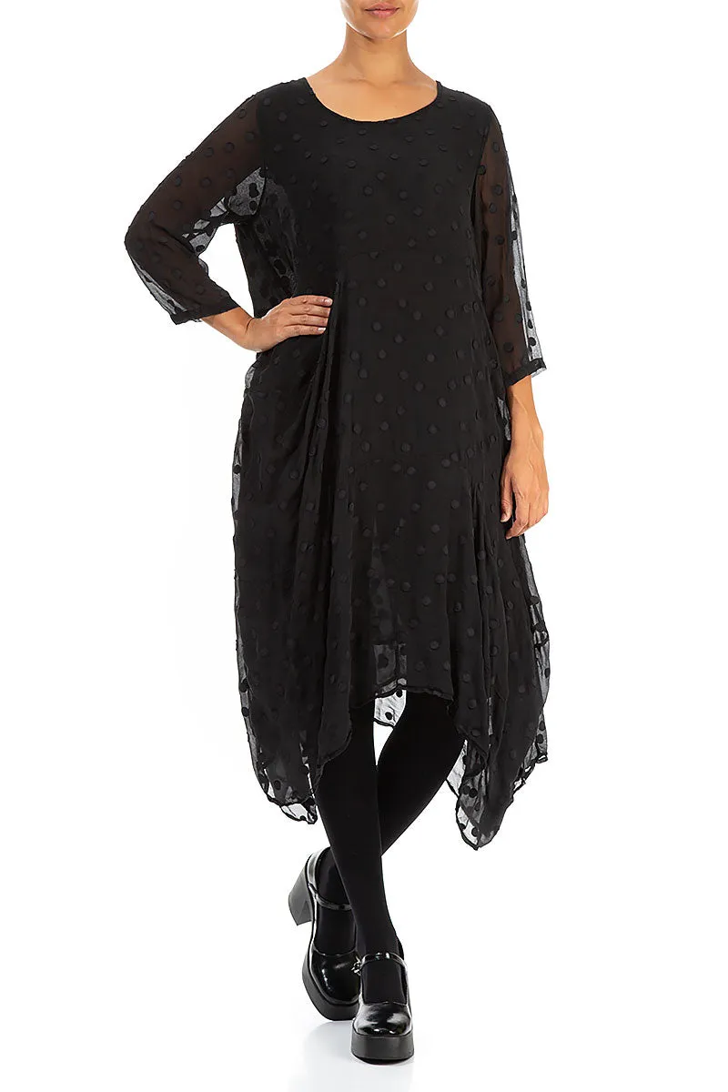 Draped Black Dotty Silk Dress Casual Fashion