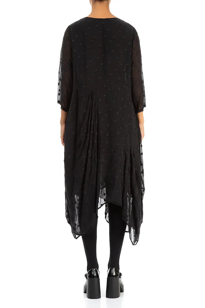 Draped Black Dotty Silk Dress Casual Skirt