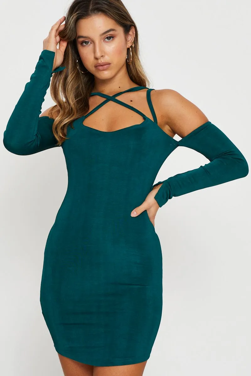 Green Bodycon Dress Long Sleeve Mini Practical Style