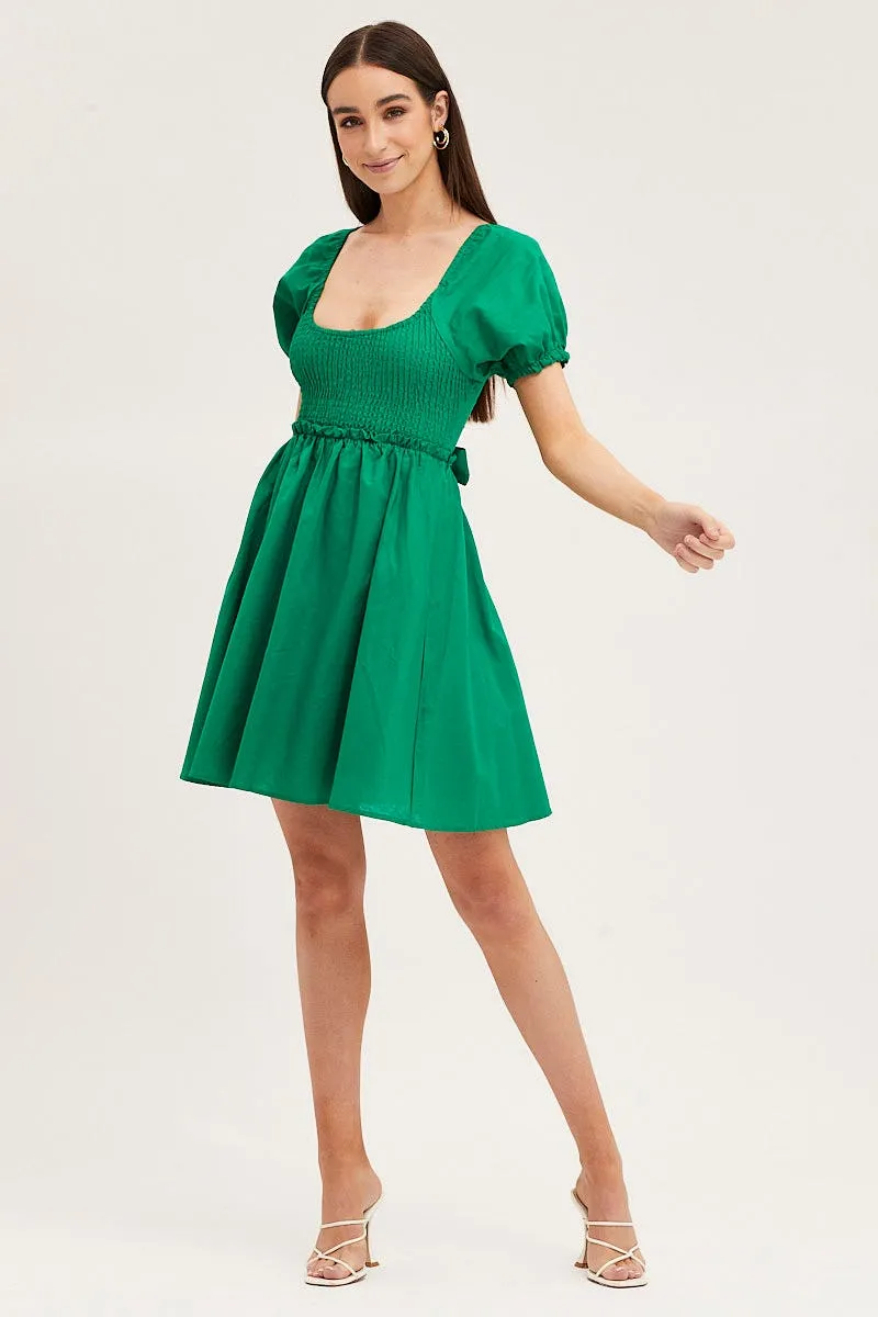 Green Puff Sleeve Linen Shirred Skater Dress mesh ventilation