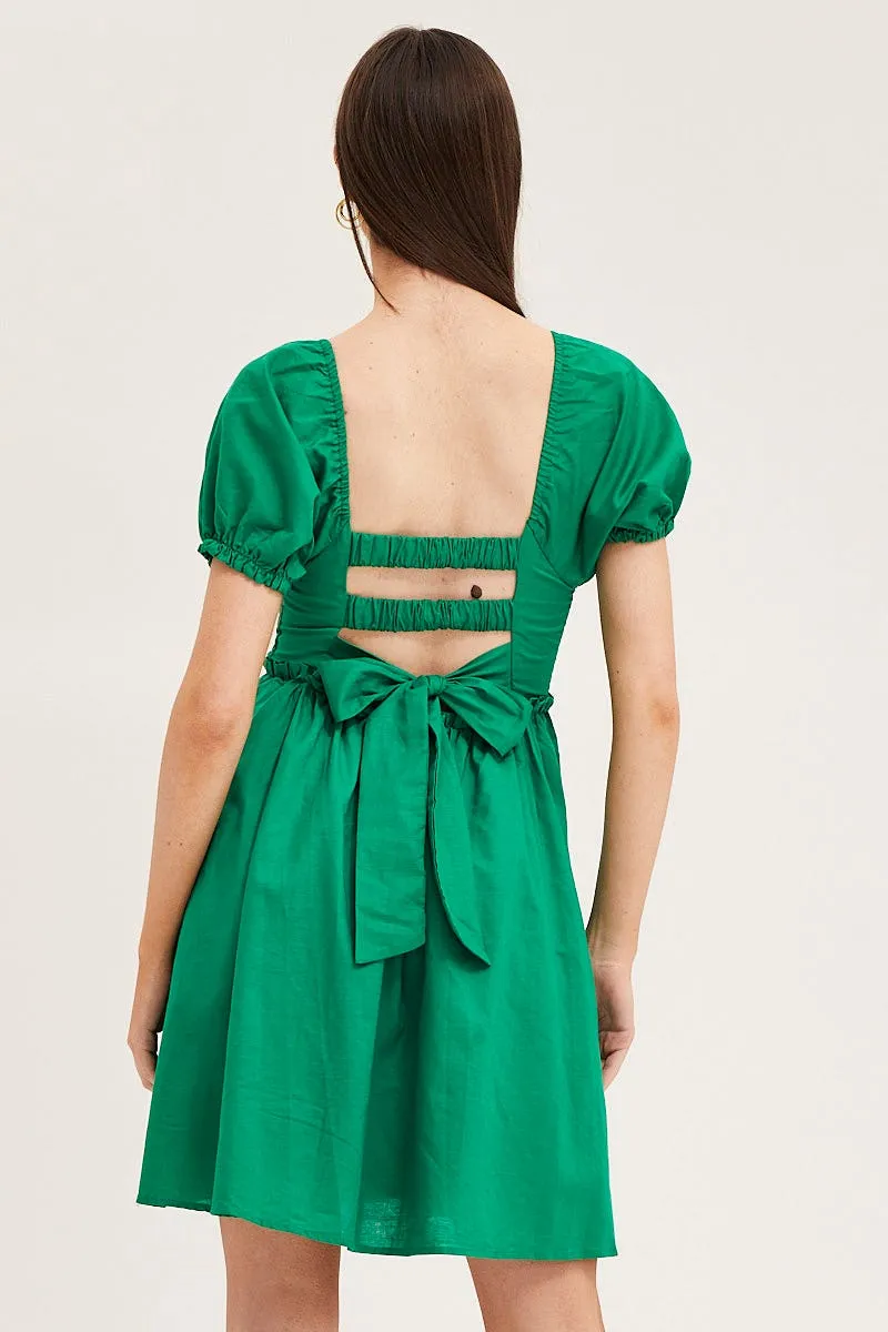 Casual Sweater Green Puff Sleeve Linen Shirred Skater Dress