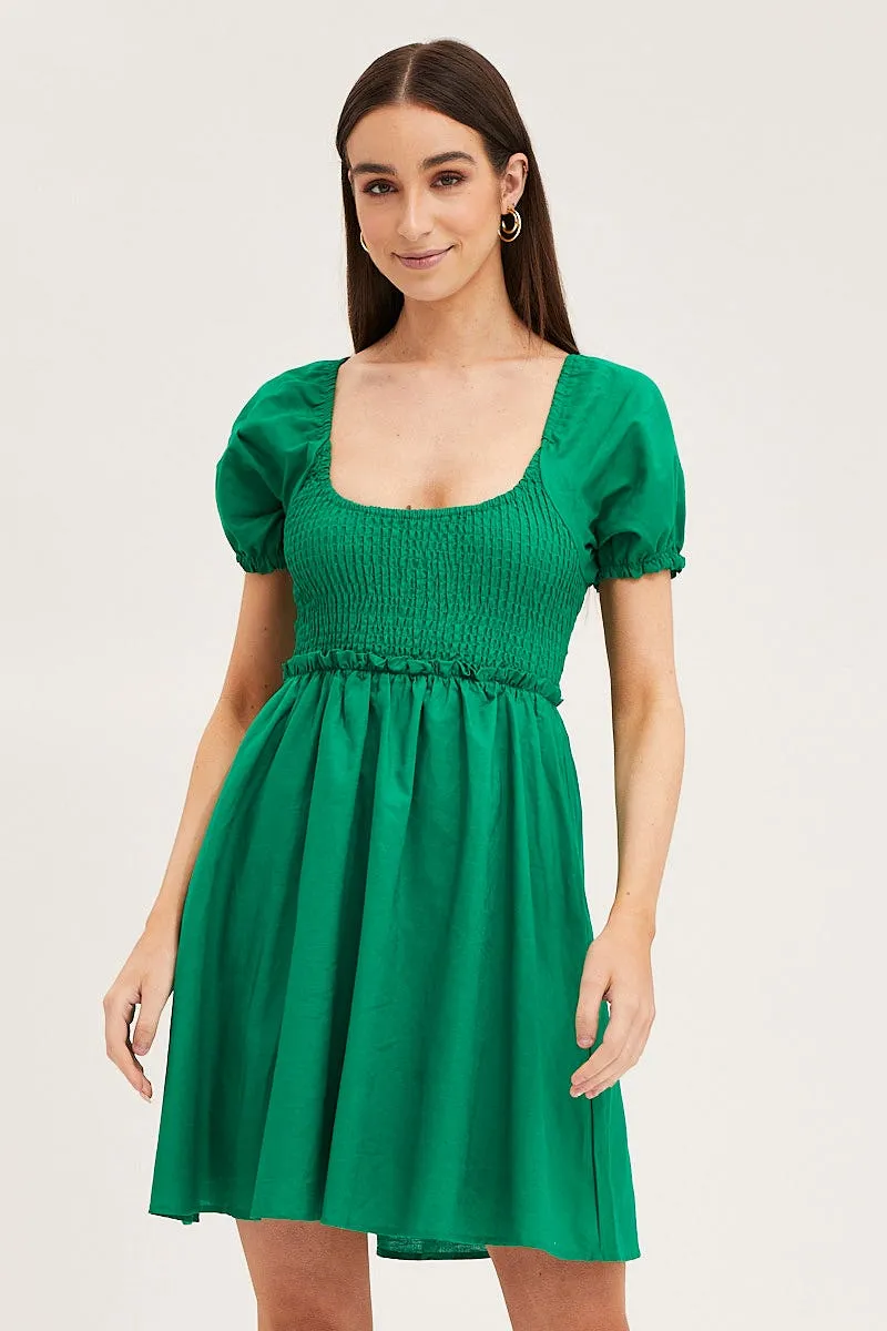 Green Puff Sleeve Linen Shirred Skater Dress Spark Soul