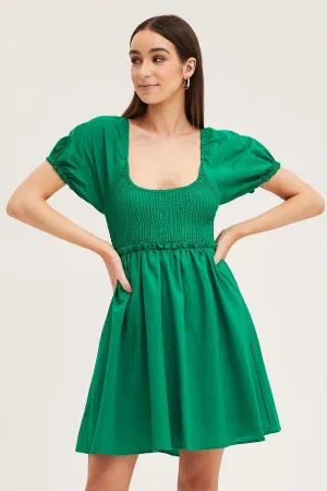 Green Puff Sleeve Linen Shirred Skater Dress Classic Shirt Bride Side