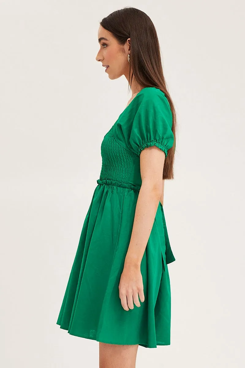 High-Quality Fabric Fantasy Glow Green Puff Sleeve Linen Shirred Skater Dress