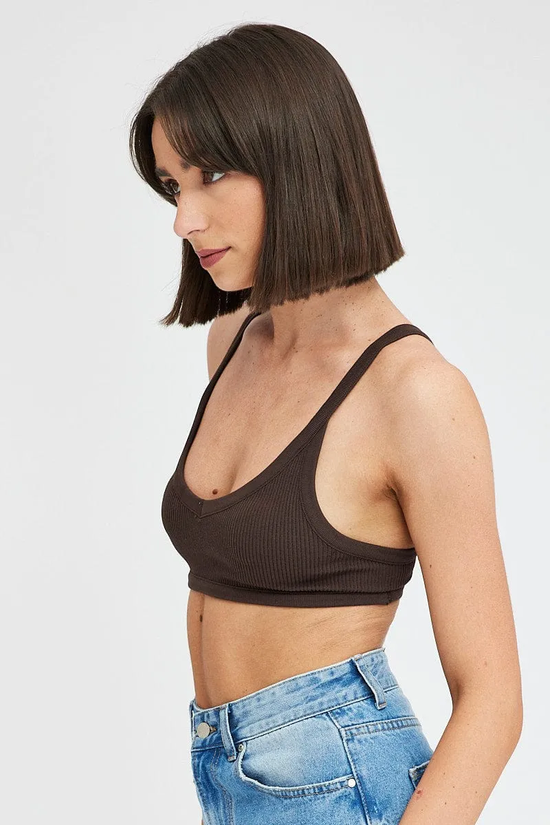 Brown Bralette V Neck Seamless TactileStitching Lift Mode