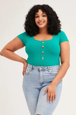 Green Rib Jersey Bodysuit Button Front Short Sleeve Snow Core Party Guest