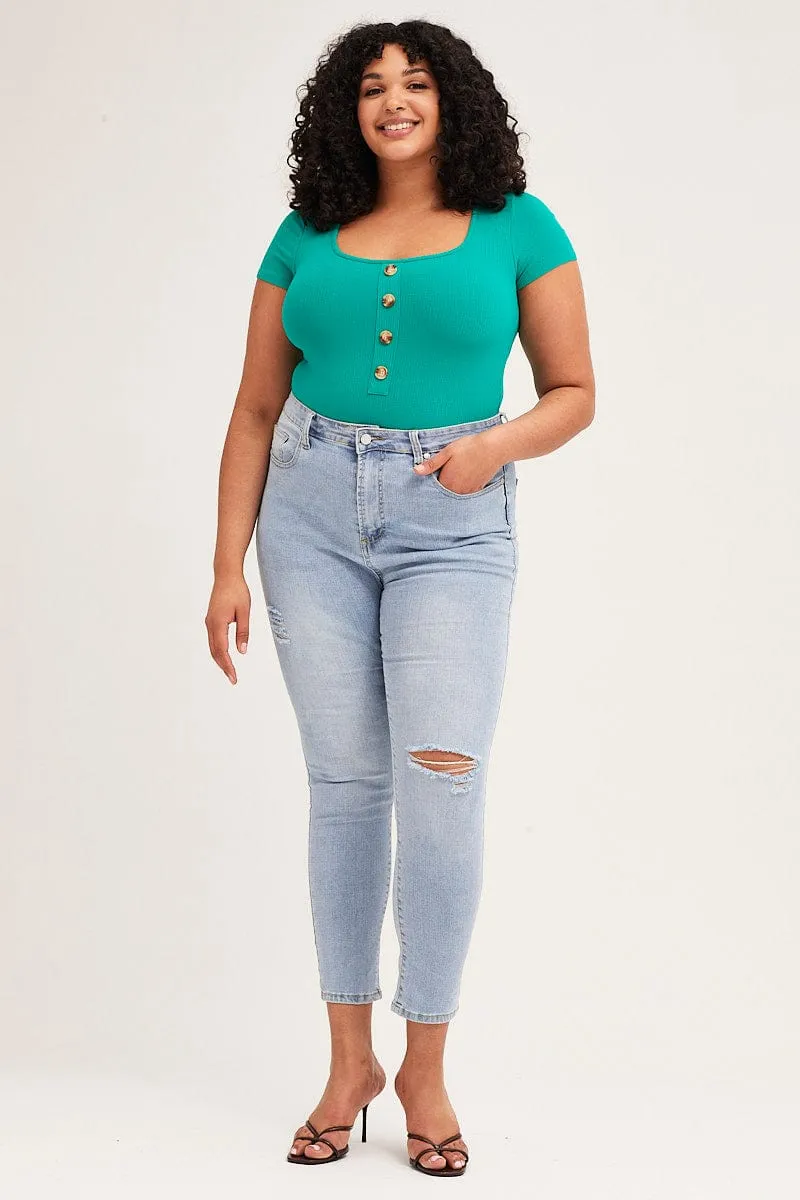 Classic Fashion Rush Mode Green Rib Jersey Bodysuit Button Front Short Sleeve