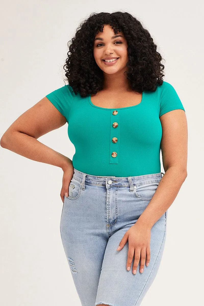 Green Rib Jersey Bodysuit Button Front Short Sleeve Snow Core Party Guest