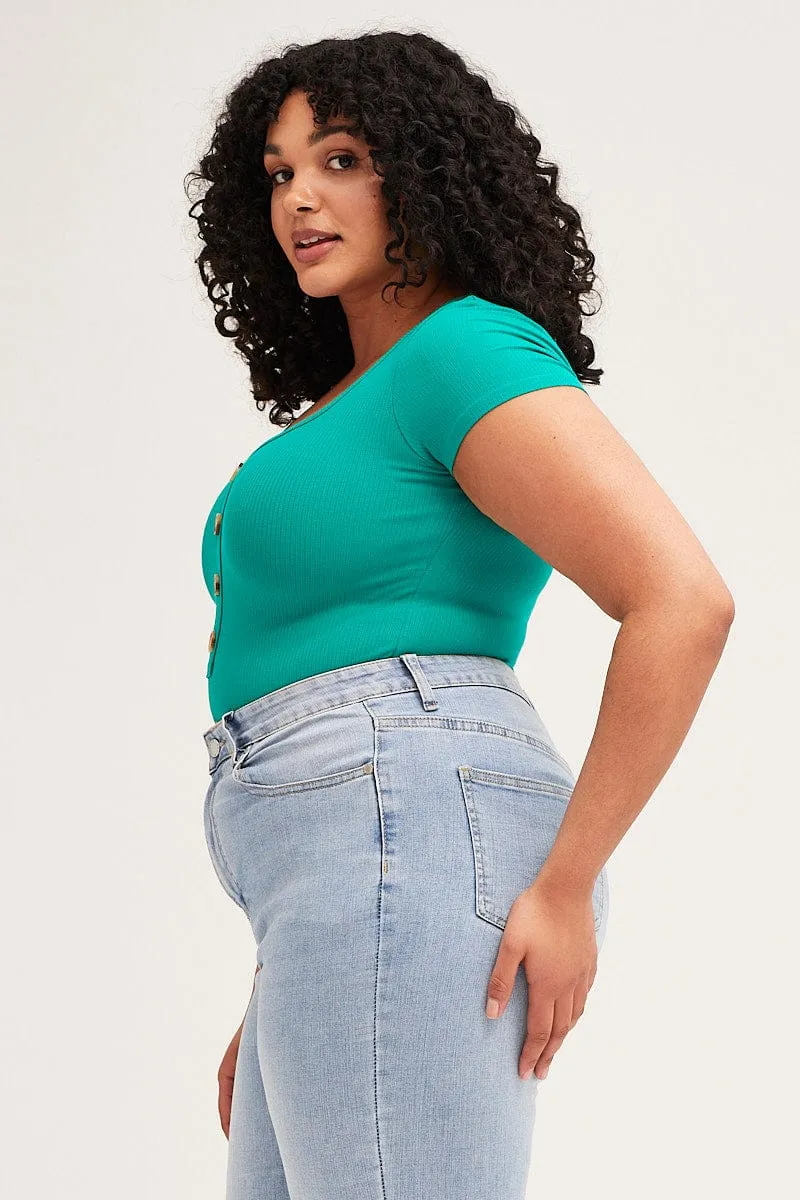 Green Rib Jersey Bodysuit Button Front Short Sleeve DurableCoverstitch