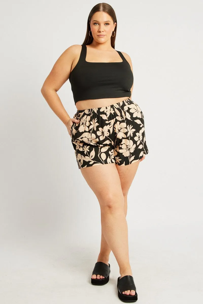 Black Floral Elastic Waist Linen Blend Shorts Elegant Pants