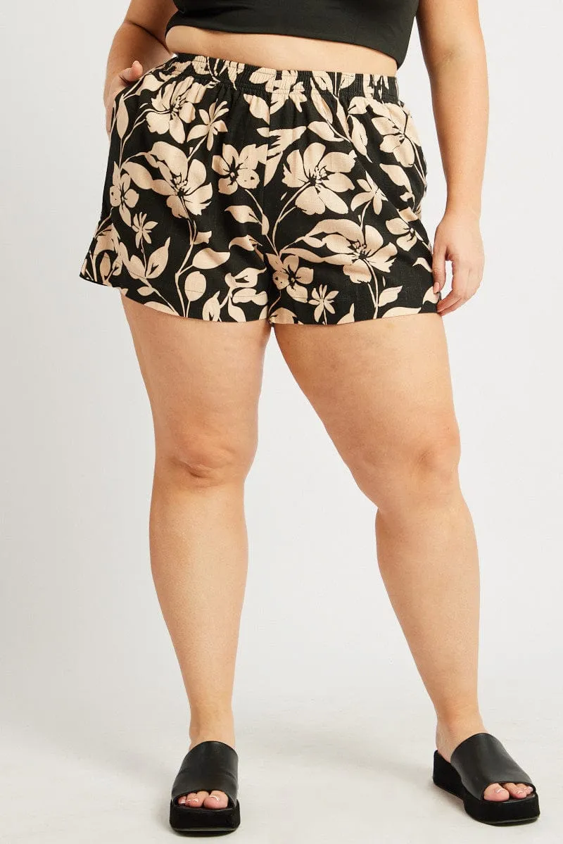 Black Floral Elastic Waist Linen Blend Shorts AbrasionResistant Relaxed Fit