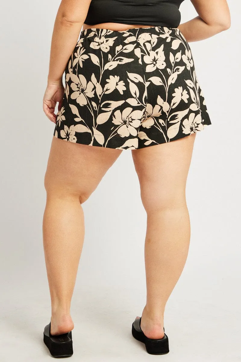 Black Floral Elastic Waist Linen Blend Shorts Stylish Fashion