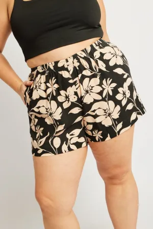 QuickDry Material Jump Core Black Floral Elastic Waist Linen Blend Shorts