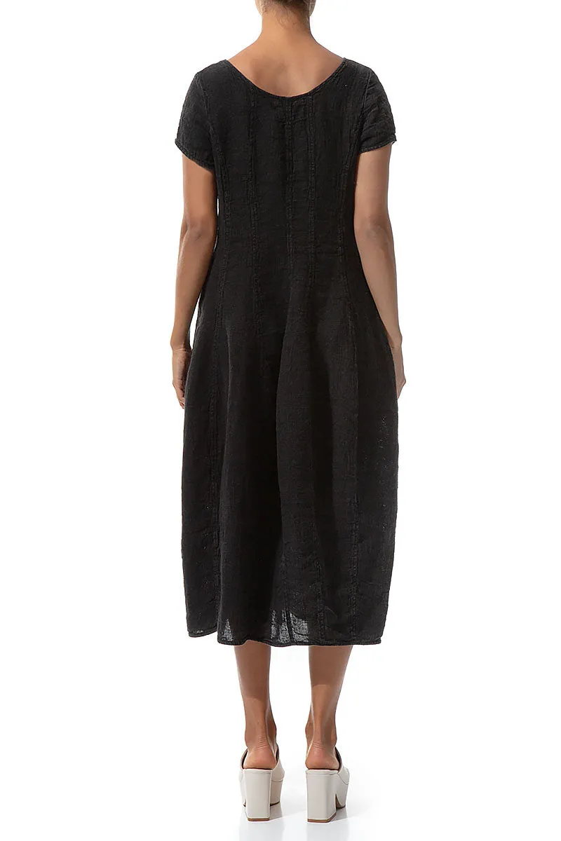 AbrasionResistant Material Rush Mode Short Sleeves Black M??lange Linen Dress