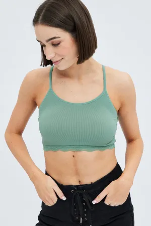 Green Bralette Lace Trim Seamless Winter Accessories