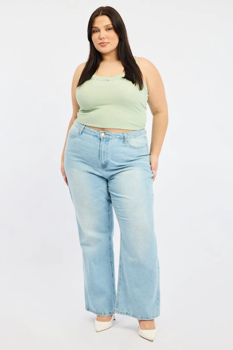 Casual Polo Pure Linen Blend Green Lace Cami Top Textured