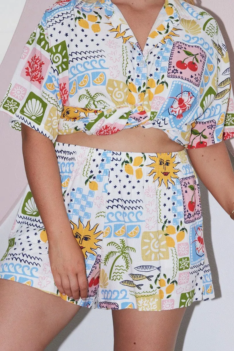 Multi Abstract Elastic Waist Linen Blend Shorts summer shorts