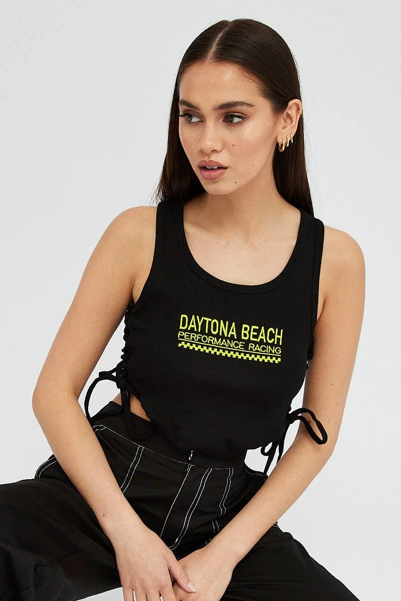Black Tank Top Side Ties Daytona Beach Embroidery Rib Comfortable Shorts ComfortWaistband