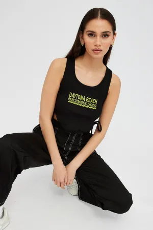 DurableCoverstitch Conscious Fit Black Tank Top Side Ties Daytona Beach Embroidery Rib