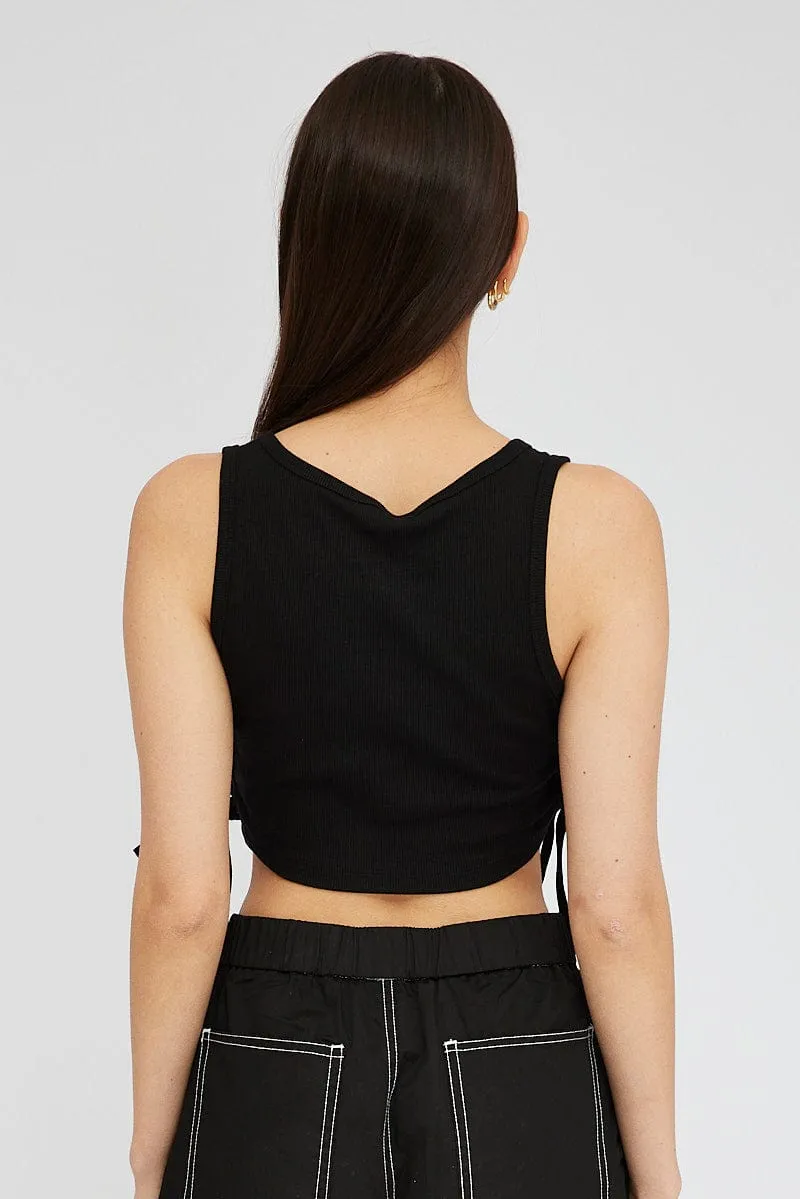CompactKnit Black Tank Top Side Ties Daytona Beach Embroidery Rib