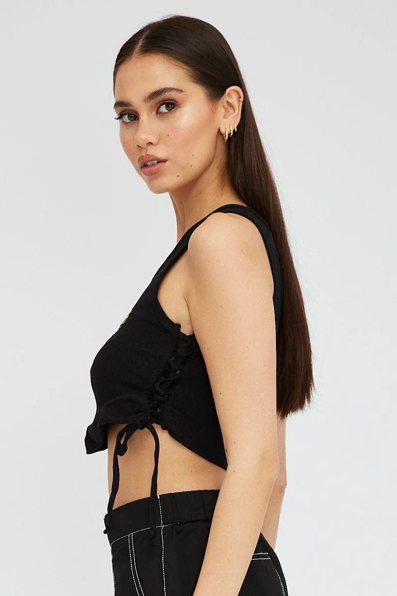 Black Tank Top Side Ties Daytona Beach Embroidery Rib Everyday Style