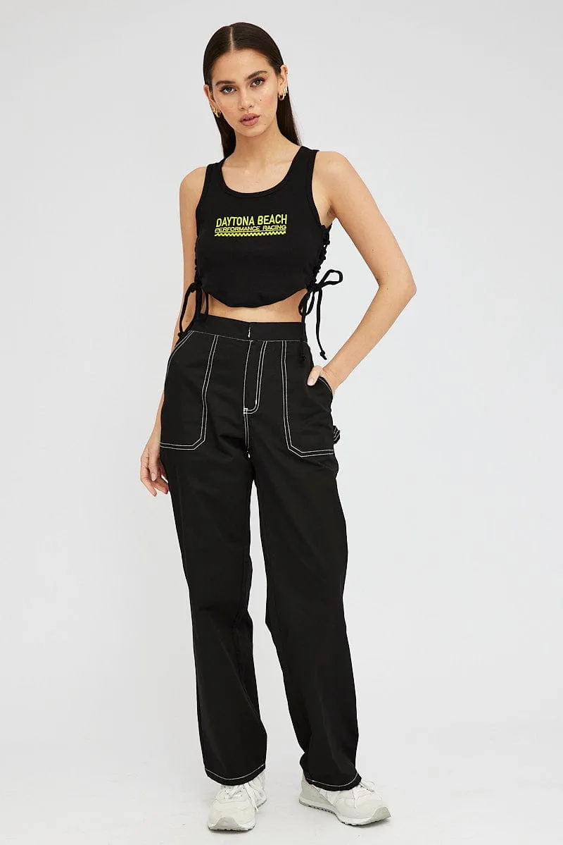 Breath Skin Black Tank Top Side Ties Daytona Beach Embroidery Rib