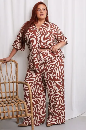 Brown Geo Wide Leg Pants Wrinkle Free Fabric TearResistantPanels