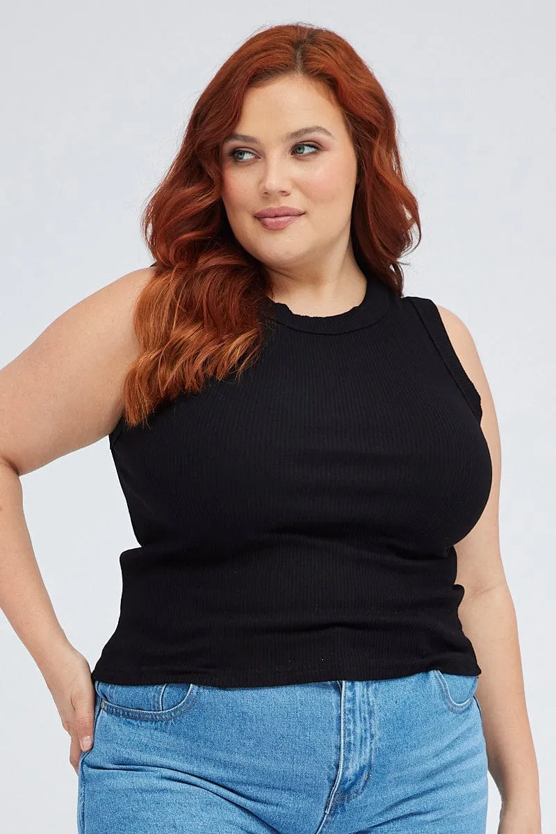 WrinkleFreeTexture Minimalist Style Black Tank Top Sleeveless Crew Neck