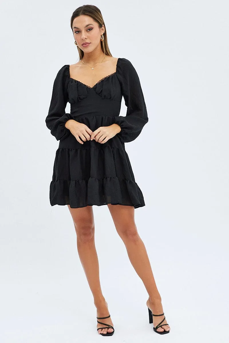 Black Fit and Flare Dress Long Sleeve Tiered Warm Fit