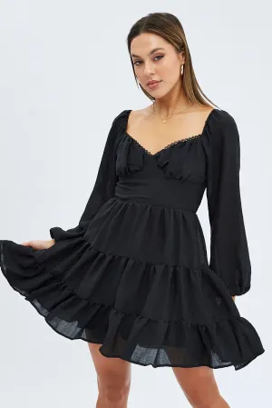 Black Fit and Flare Dress Long Sleeve Tiered BiasCut Trims