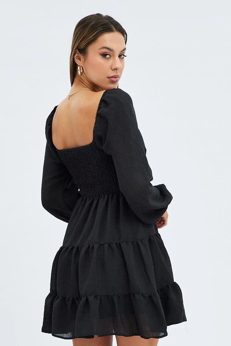 AdjustableCuffs Black Fit and Flare Dress Long Sleeve Tiered