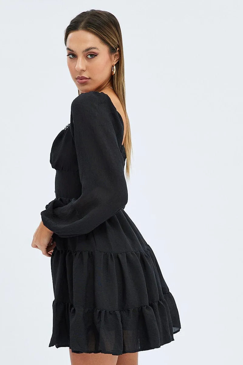 Black Fit and Flare Dress Long Sleeve Tiered HighElasticity Fiber