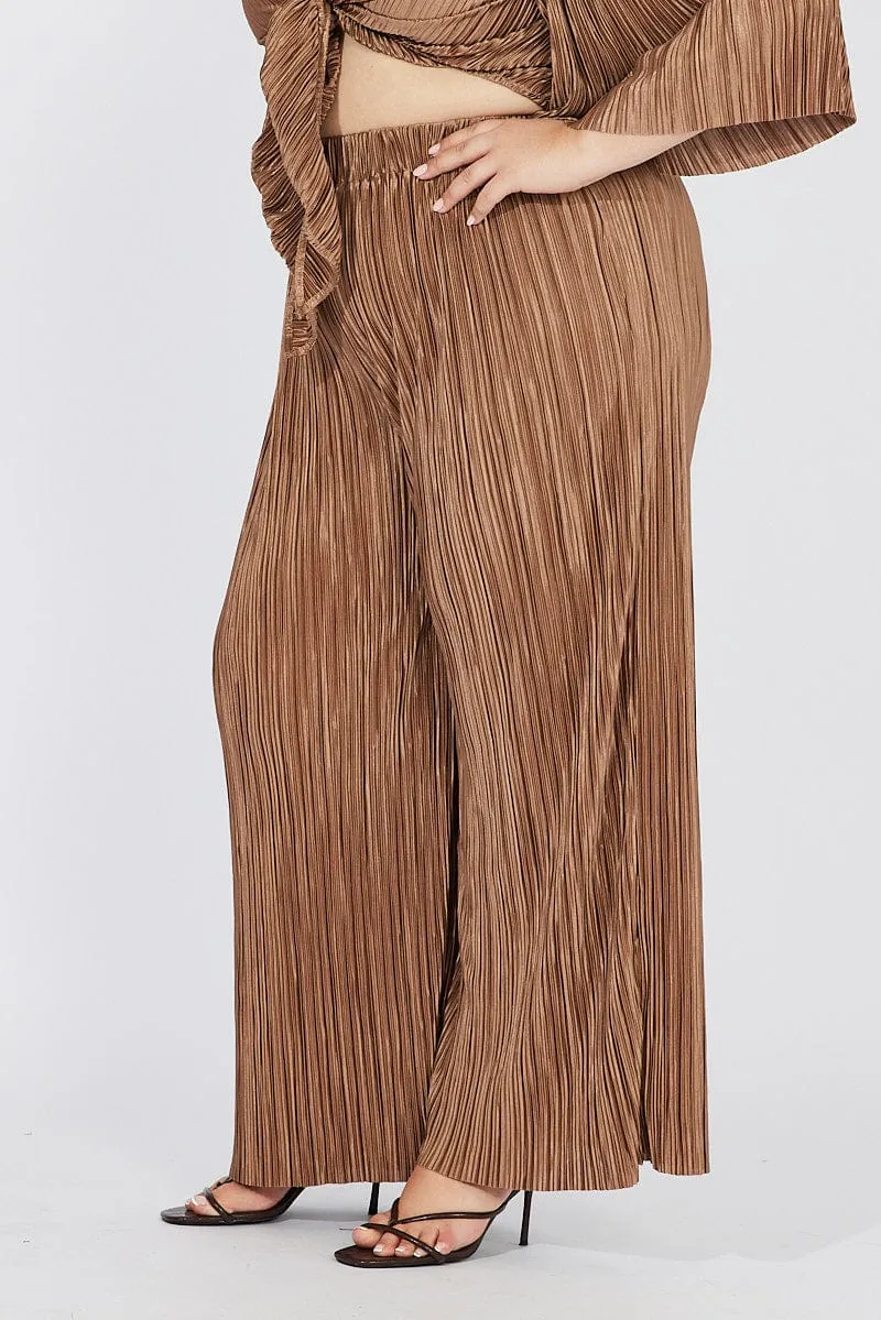 Cozy Feel Versatile Style Brown Plisse Pants Wide Leg High Rise