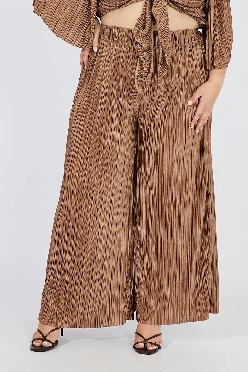 Brown Plisse Pants Wide Leg High Rise Travel Friendly