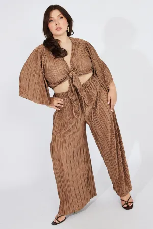 Brown Plisse Pants Wide Leg High Rise Quick Dry Technology Breath Friendly